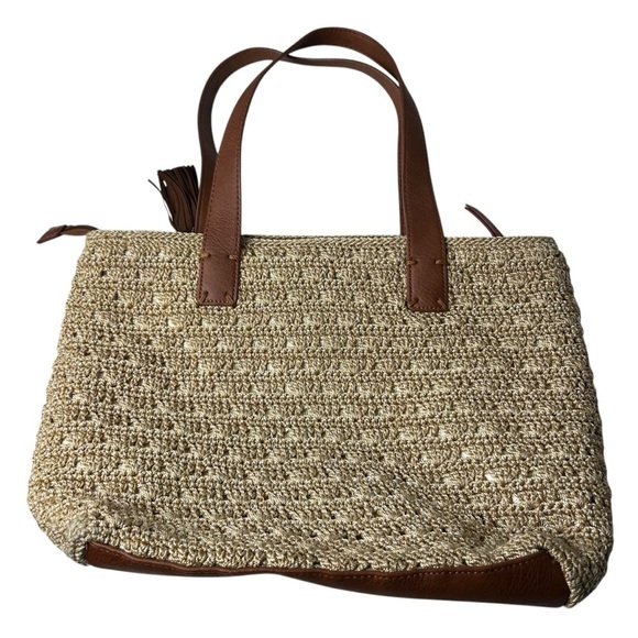 The Sak Women Hand Crocheted Bag Purse Tote Fairmont Large Gold Tan Woven Tassel - Picture 5 of 10
